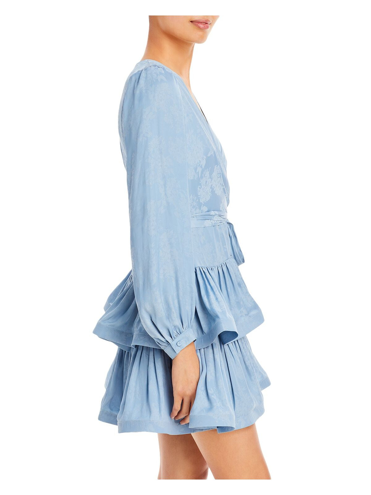 BCBG MAXAZRIA Womens Light Blue Zippered Pleated Tiered Skirt Tie Belt Floral Long Sleeve Surplice Neckline Mini Evening Faux Wrap Dress 10