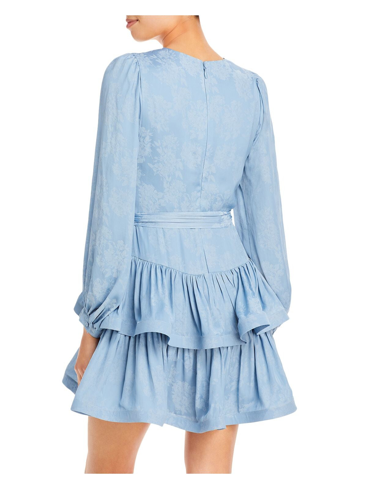 BCBG MAXAZRIA Womens Light Blue Zippered Pleated Tiered Skirt Tie Belt Floral Long Sleeve Surplice Neckline Mini Evening Faux Wrap Dress 10