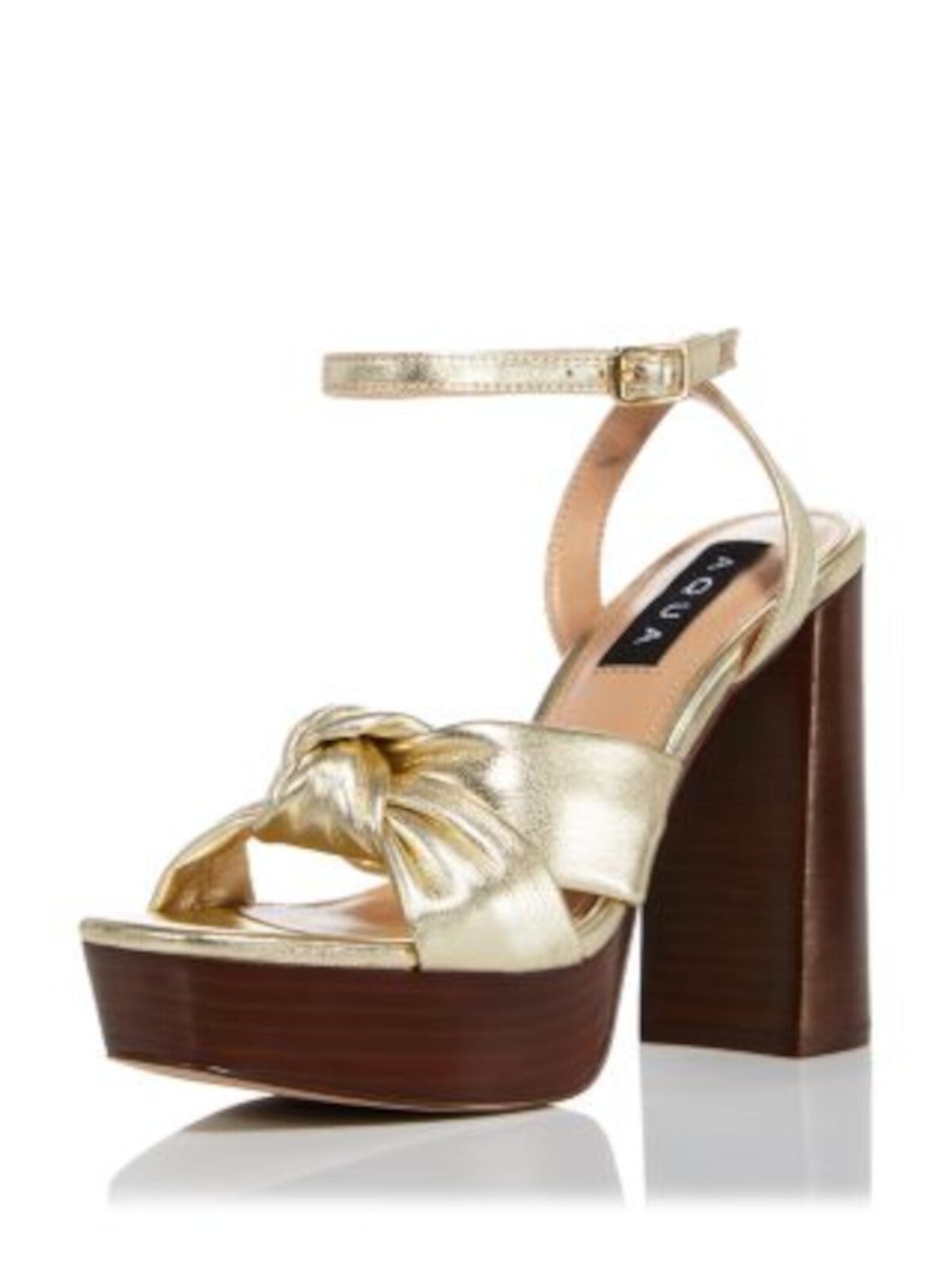 AQUA Womens Gold 1" Platform Knotted Ankle Strap Padded Metallic Lory Square Toe Block Heel Buckle Heeled Sandal 9.5 M