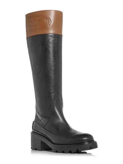 TODS Womens Black Comfort Round Toe Block Heel Leather Riding Boot 39.5
