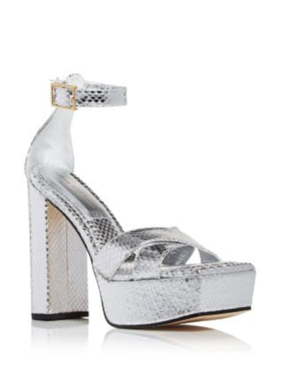 GOOD AMERICAN Womens Silver Snake 1-1/2" Platform Ankle Strap Padded Square Toe Block Heel Buckle Leather Heeled Sandal 7