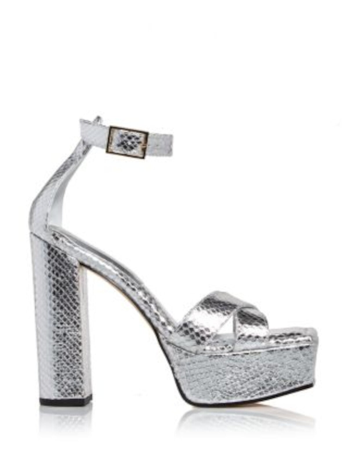 GOOD AMERICAN Womens Silver Snake 1-1/2" Platform Ankle Strap Padded Square Toe Block Heel Buckle Leather Heeled Sandal 7