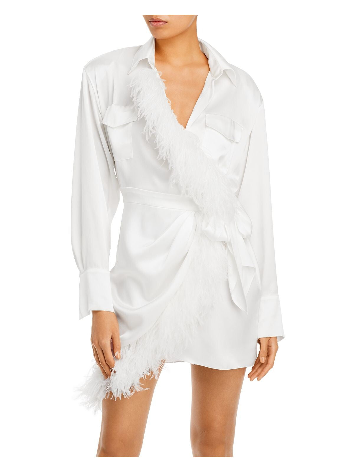 DAVID KOMA Womens White Feathered Pocketed Tie Unlined Cuffed Sleeve Surplice Neckline Mini Cocktail Wrap Dress 12