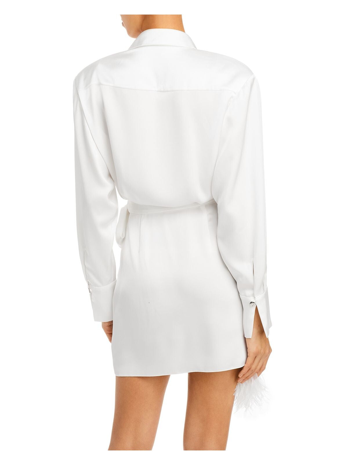 DAVID KOMA Womens White Feathered Pocketed Tie Unlined Cuffed Sleeve Surplice Neckline Mini Cocktail Wrap Dress 8