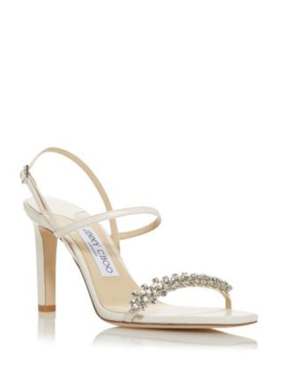 JIMMY CHOO Womens Ivory Padded Embellished Goring Meira 85 Square Toe Stiletto Buckle Leather Slingback Sandal 35