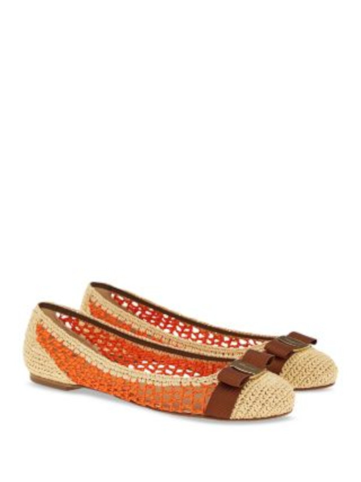 SALVATORE FERRAGAMO Womens Orange Mixed Media Padded Bow Accent Crochet Round Toe Slip On Flats Shoes 5 B