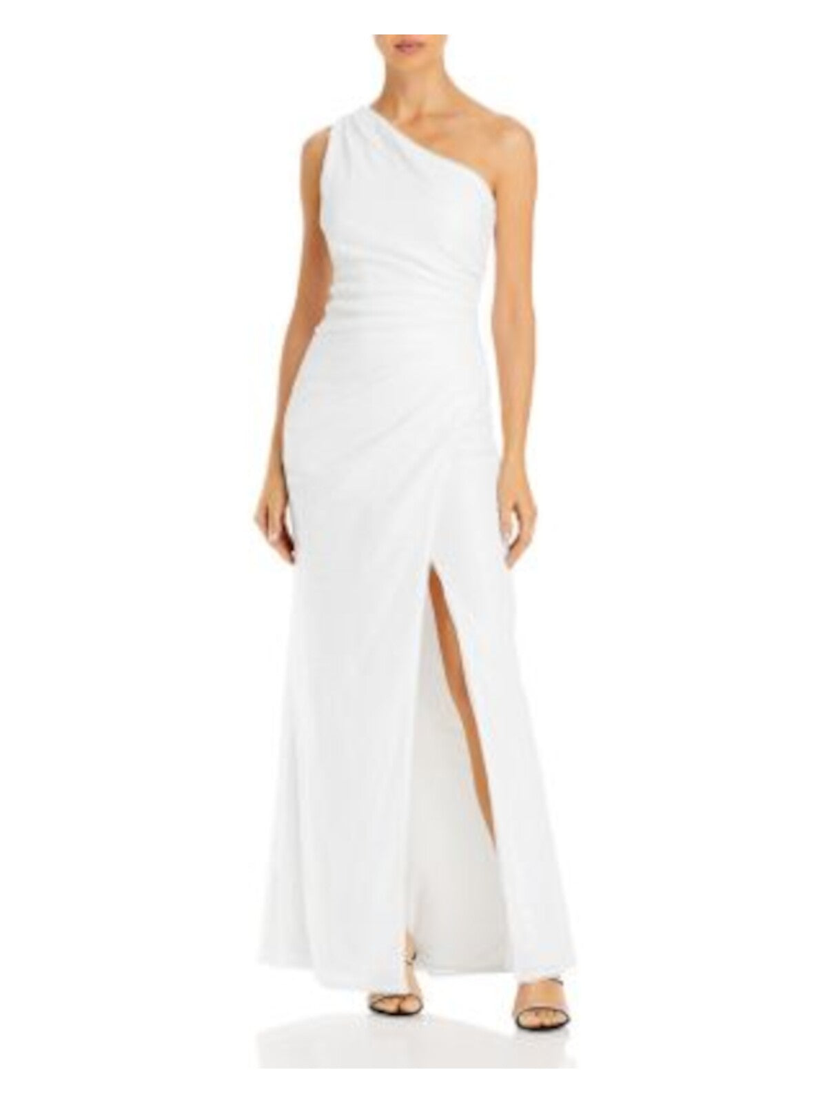 AQUA Womens White Sequined Zippered High Slit Pleated Lined Sleeveless Asymmetrical Neckline Full-Length Evening Gown Dress M