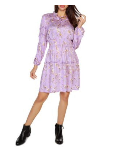 BELLDINI Womens Purple Tie Ruffled Smocked Yoke And Waist Floral Blouson Sleeve Split Above The Knee Fit + Flare Dress S\P