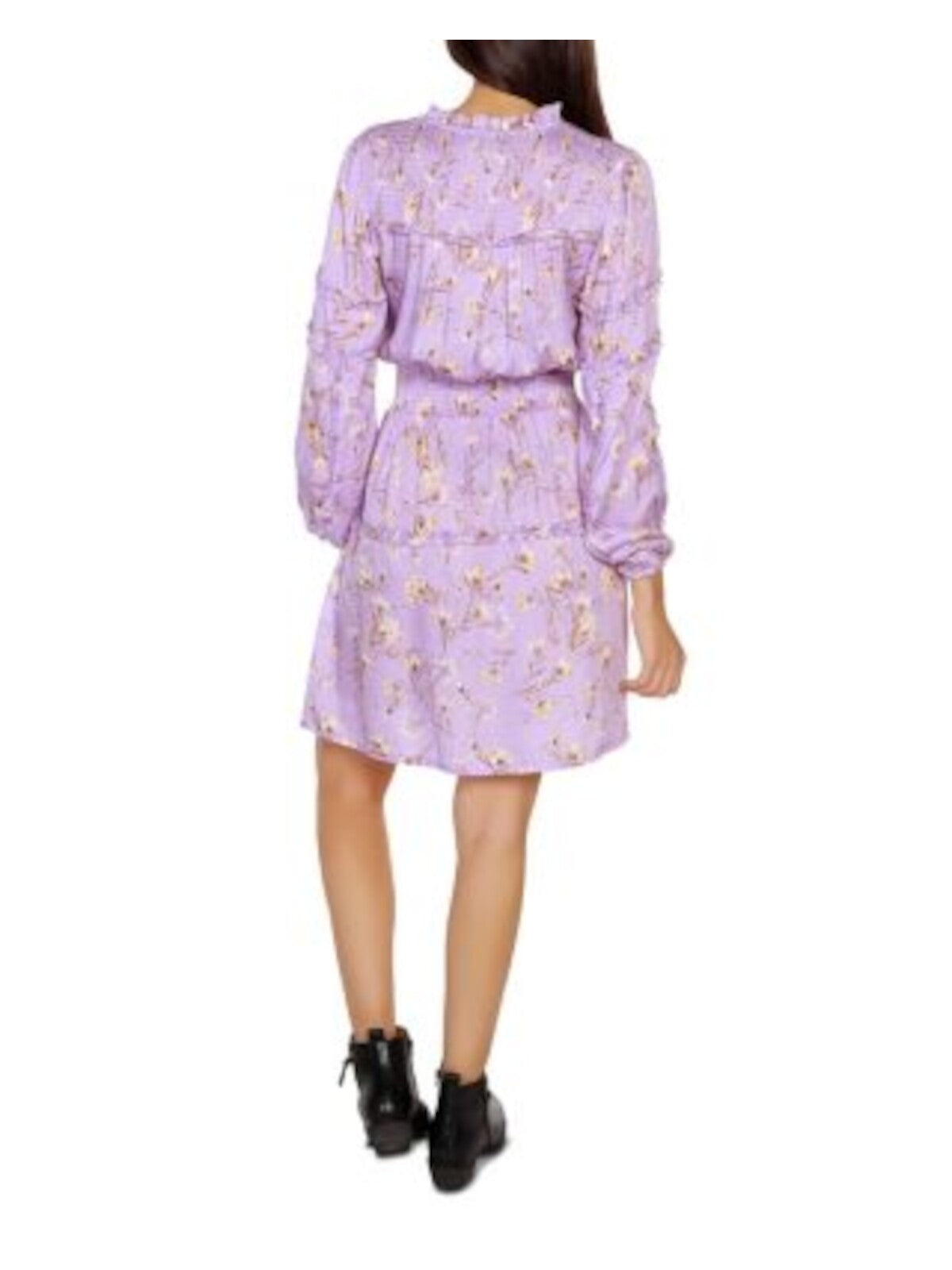 BELLDINI Womens Purple Tie Ruffled Smocked Yoke And Waist Floral Blouson Sleeve Split Above The Knee Fit + Flare Dress S\P