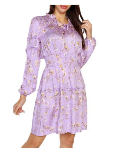 BELLDINI Womens Purple Tie Ruffled Smocked Yoke And Waist Floral Blouson Sleeve Split Above The Knee Fit + Flare Dress S\P