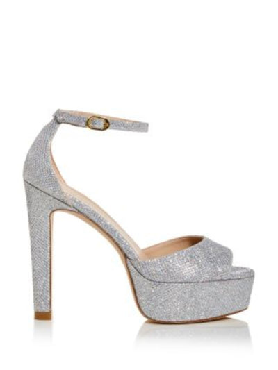 STUART WEITZMAN Womens Silver Cushioned 1-1/2" Platform Ankle Strap Glitter Disco Round Toe Stiletto Buckle Dress Heeled Sandal 10 B