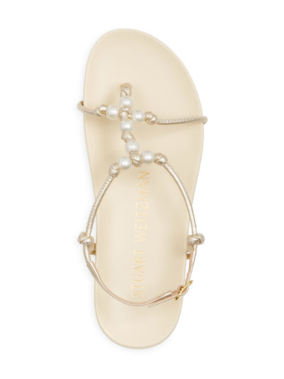 STUART WEITZMAN Womens Beige Faux Pearl Knotted Beaded Metallic Sa636 Round Toe Wedge Buckle Leather Thong Sandals Shoes