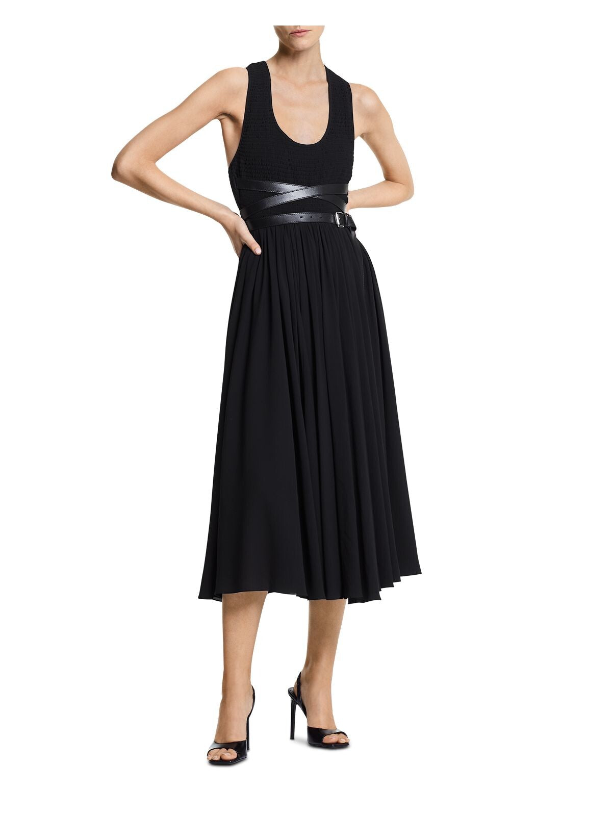 MICHAEL KORS Womens Black Zippered Racerback Smocked Attached Buckle Belt Sleeveless Scoop Neck Midi Party Fit + Flare Dress 8