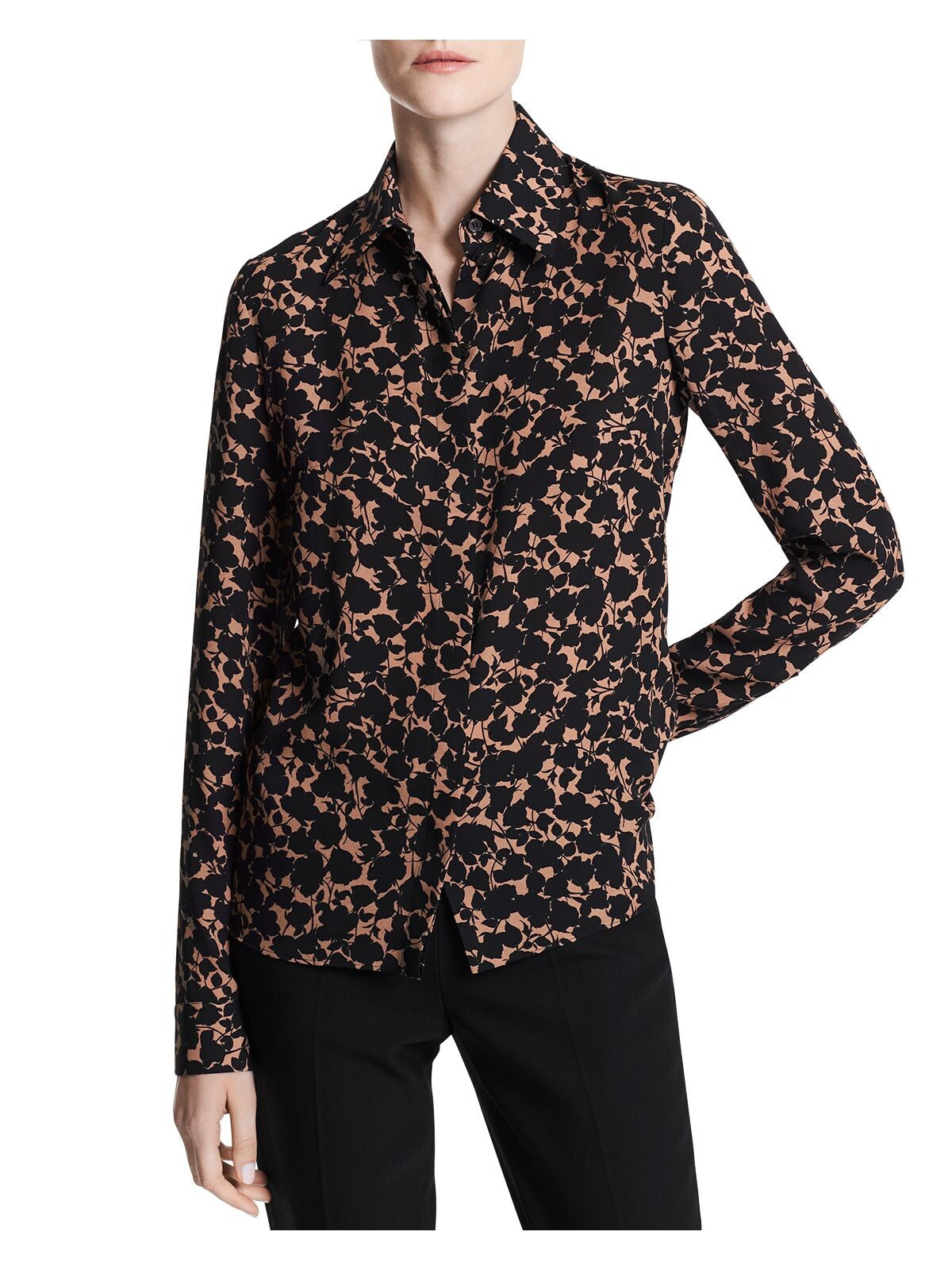 MICHAEL KORS Womens Black Darted Shirttail Hem Printed Cuffed Sleeve Collared Button Up Top 12