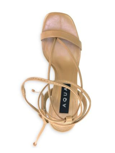 AQUA Womens Beige Ankle Wrap Tie Padded Square Toe Stiletto Lace-Up Leather Heeled Thong Sandals 8.5 B