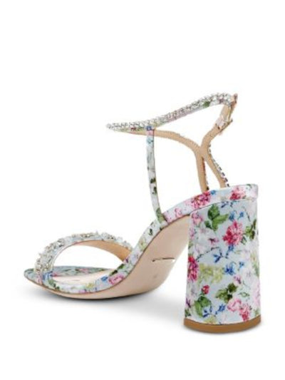 BADGLEY MISCHKA Womens Light Blue Floral Padded Beaded Ankle Strap Embellished Tanisha Square Toe Block Heel Buckle Dress Heeled Sandal 6