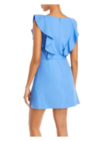 FRENCH CONNECTION Womens Blue Ruffled Zippered Unlined Sleeveless Square Neck Mini Fit + Flare Dress 0