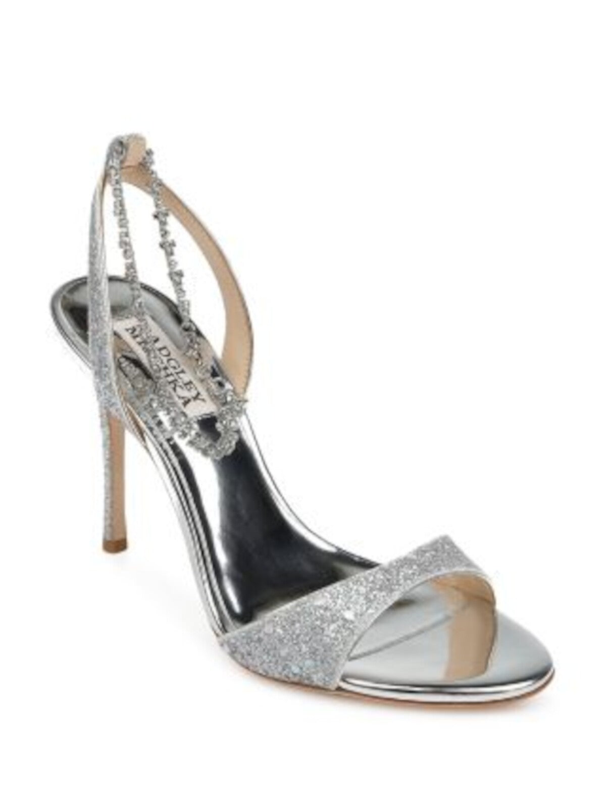 BADGLEY MISCHKA Womens Silver Gem Embellished Clasp Chain Glitter Ankle Strap Cushioned Tiffany Almond Toe Stiletto Slip On Dress Slingback Sandal 8