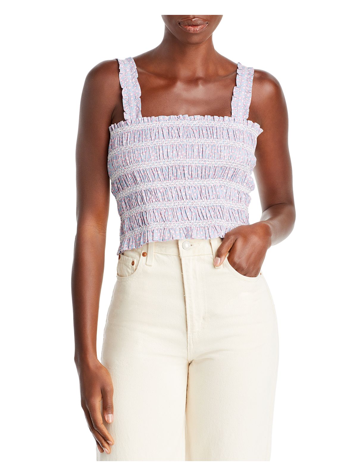 FRENCH CONNECTION Womens Light Blue Smocked Printed Sleeveless Square Neck Top 8