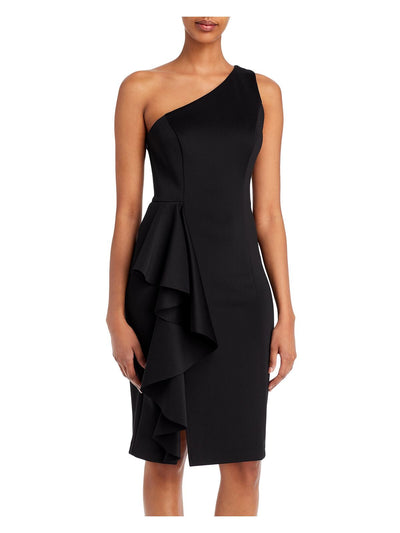 ELIZA J Womens Black Zippered Slitted Unlined Cascade Ruffle Sleeveless Asymmetrical Neckline Knee Length Cocktail Sheath Dress 8