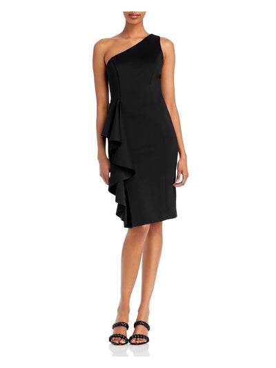 ELIZA J Womens Black Zippered Slitted Unlined Cascade Ruffle Sleeveless Asymmetrical Neckline Knee Length Cocktail Sheath Dress 8