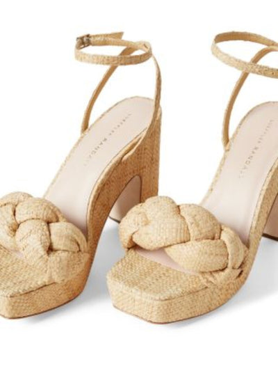 LOEFFLER RANDALL Womens Beige Raffia 1-1/2" Platform Padded Braided Ankle Strap Fae Square Toe Block Heel Buckle Heeled Sandal 9 B