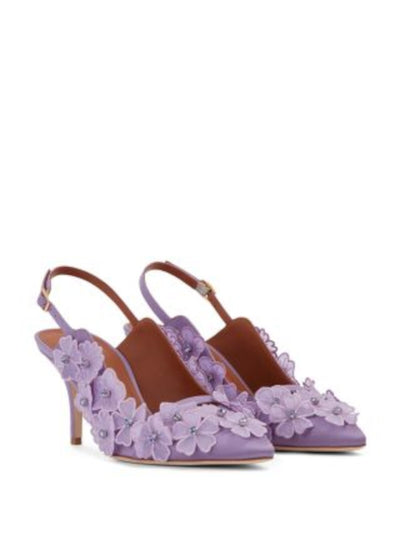 MALONE SOULIERS Womens Purple Mixed Media Floral Accents Padded Embellished Marion Pointed Toe Stiletto Buckle Leather Slingback 36.5