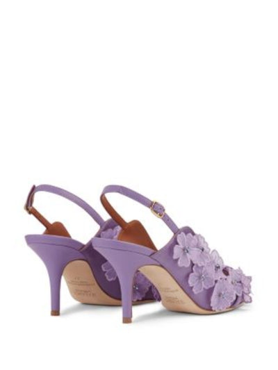 MALONE SOULIERS Womens Purple Mixed Media Floral Accents Padded Embellished Marion Pointed Toe Stiletto Buckle Leather Slingback 36.5