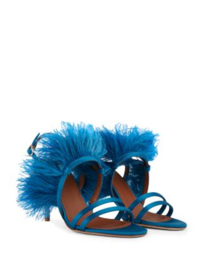 MALONE SOULIERS Womens Blue Padded Feather Accent Sonia Round Toe Stiletto Buckle Heeled Sandal 38