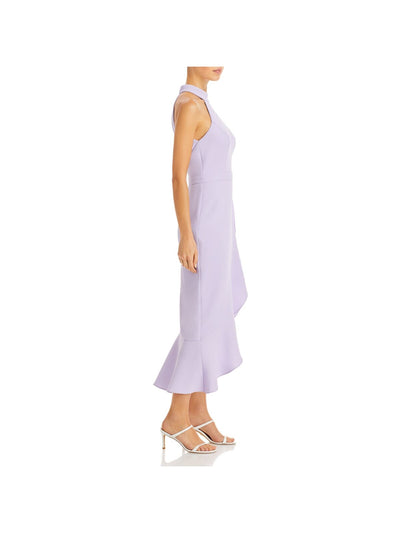 AQUA FORMAL Womens Purple Zippered Ruffled Tulip Hi-lo Hem Sleeveless Halter Midi Cocktail Sheath Dress 10