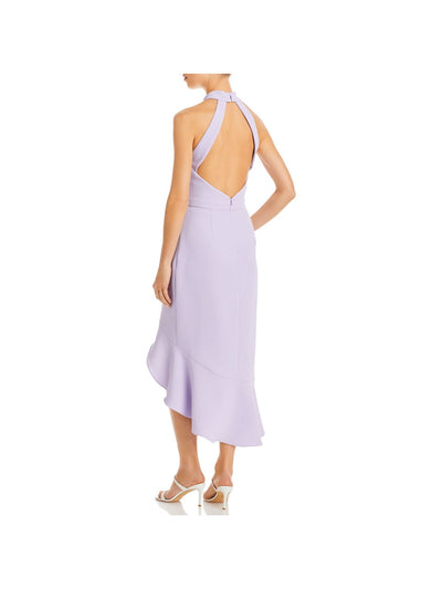 AQUA FORMAL Womens Purple Zippered Ruffled Tulip Hi-lo Hem Sleeveless Halter Midi Cocktail Sheath Dress 8