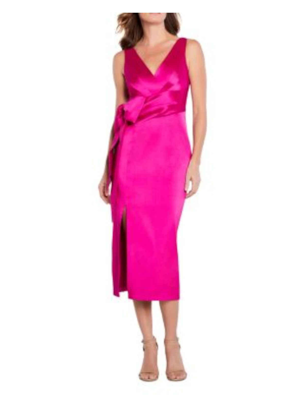 AIDAN MATTOX Womens Pink Pleated Zippered Bow Detail Slitted Lined Sleeveless V Neck Midi Cocktail Sheath Dress 6