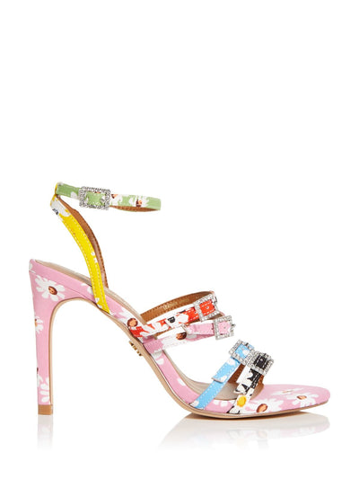 KURT GEIGER Womens Pink Floral Strappy Gem Ankle Strap Cushioned Pierra Round Toe Stiletto Buckle Heeled Sandal 35.5