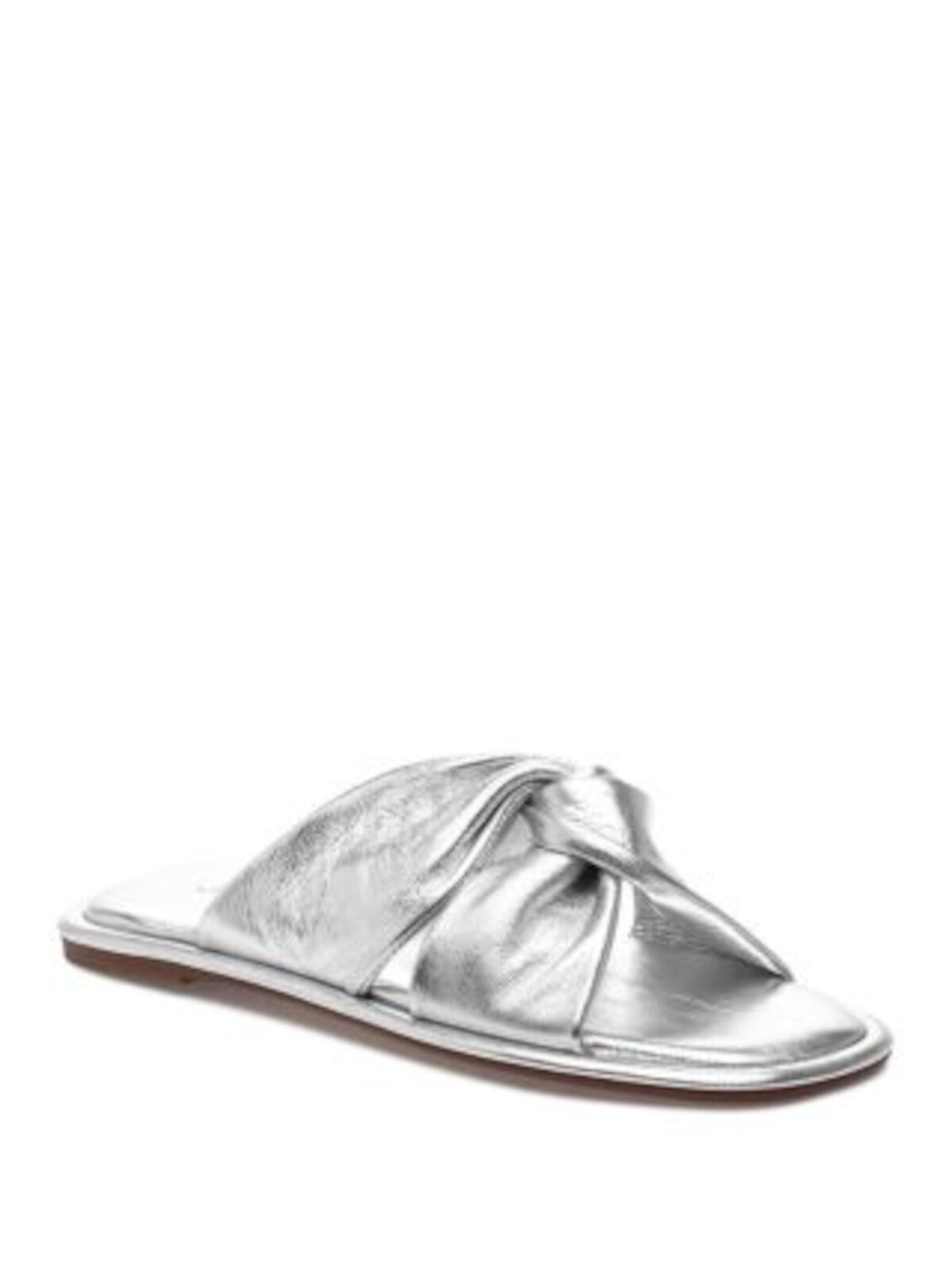 J SLIDES Womens Silver Twist Detail Metallic Padded Yaya Square Toe Slip On Leather Slide Sandals Shoes 11 M