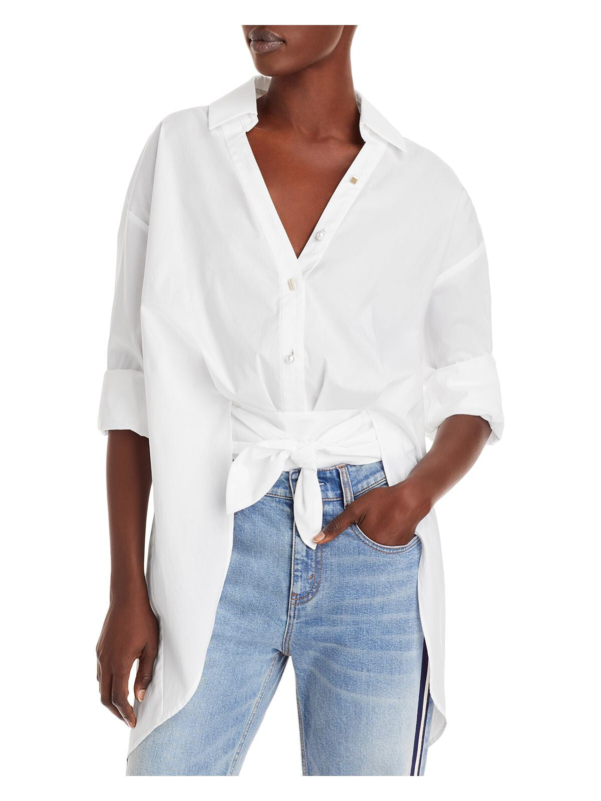 HELLESSY Womens White Pleated Hi Lo Hem Bow Detail Cuffed Sleeve Collared Button Up Top 4