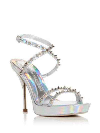 ALEXANDER MCQUEEN Womens Silver Iridescent Padded 1" Platform Ankle Strap Studded Punk Stud Round Toe Sculpted Heel Buckle Heeled Sandal 38.5