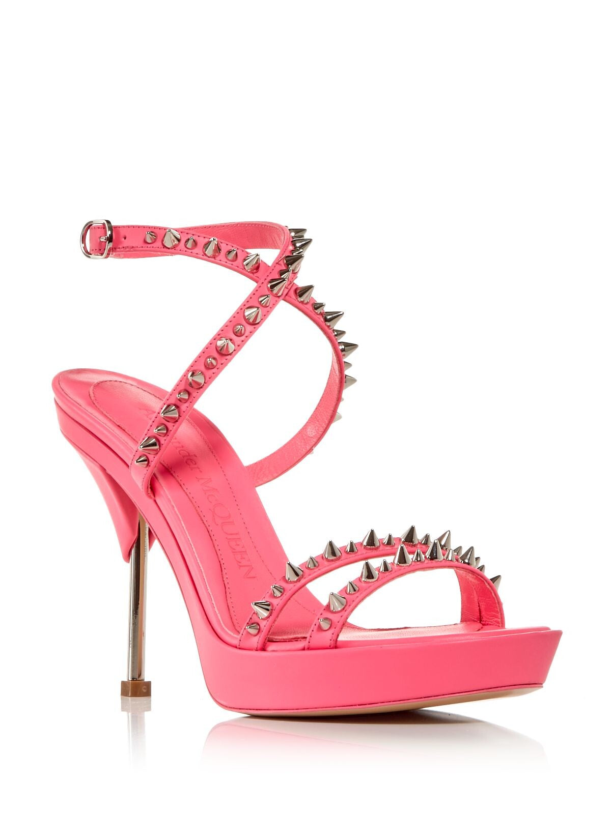 ALEXANDER MCQUEEN Womens Pink Metallic Heel 1" Platform Studded Strappy Round Toe Stiletto Buckle Leather Heeled Sandal 35.5