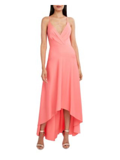 BCBG MAXAZRIA Womens Coral Pleated Zippered Crisscross Strap Open Back Lined Spaghetti Strap Surplice Neckline Maxi Evening Hi-Lo Dress 10