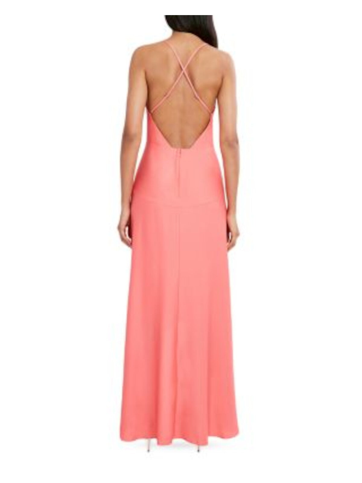 BCBG MAXAZRIA Womens Coral Pleated Zippered Crisscross Strap Open Back Lined Spaghetti Strap Surplice Neckline Maxi Evening Hi-Lo Dress 10