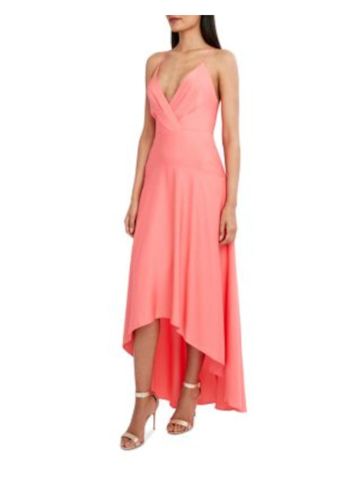 BCBG MAXAZRIA Womens Coral Pleated Zippered Crisscross Strap Open Back Lined Spaghetti Strap Surplice Neckline Maxi Evening Hi-Lo Dress 10