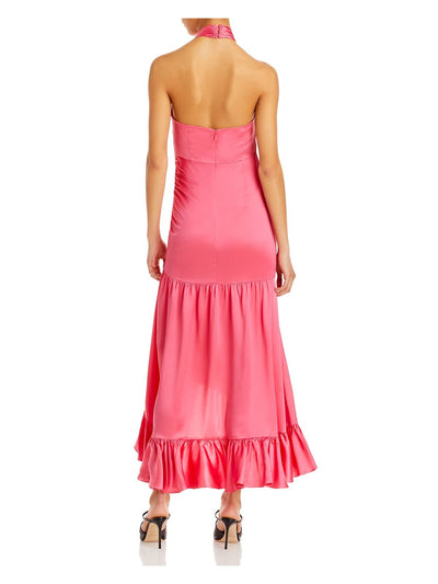 CINQ A SEPT Womens Pink Zippered Ruffled Pleated Unlined Tiered Sleeveless Halter Maxi Fit + Flare Dress 2