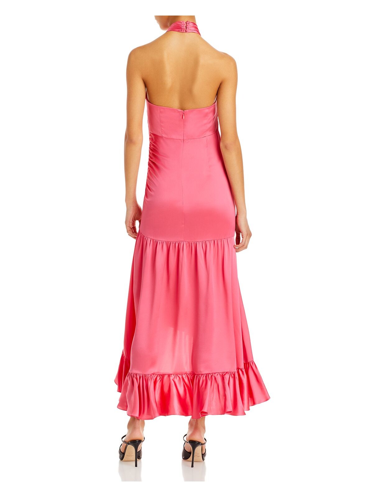 CINQ A SEPT Womens Pink Zippered Ruffled Pleated Unlined Tiered Sleeveless Halter Maxi Fit + Flare Dress 2