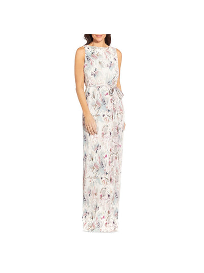 AIDAN MATTOX Womens Ivory Textured Zippered Tie Waist Column Lined Floral Sleeveless Jewel Neck Full-Length Party Gown Dress 2