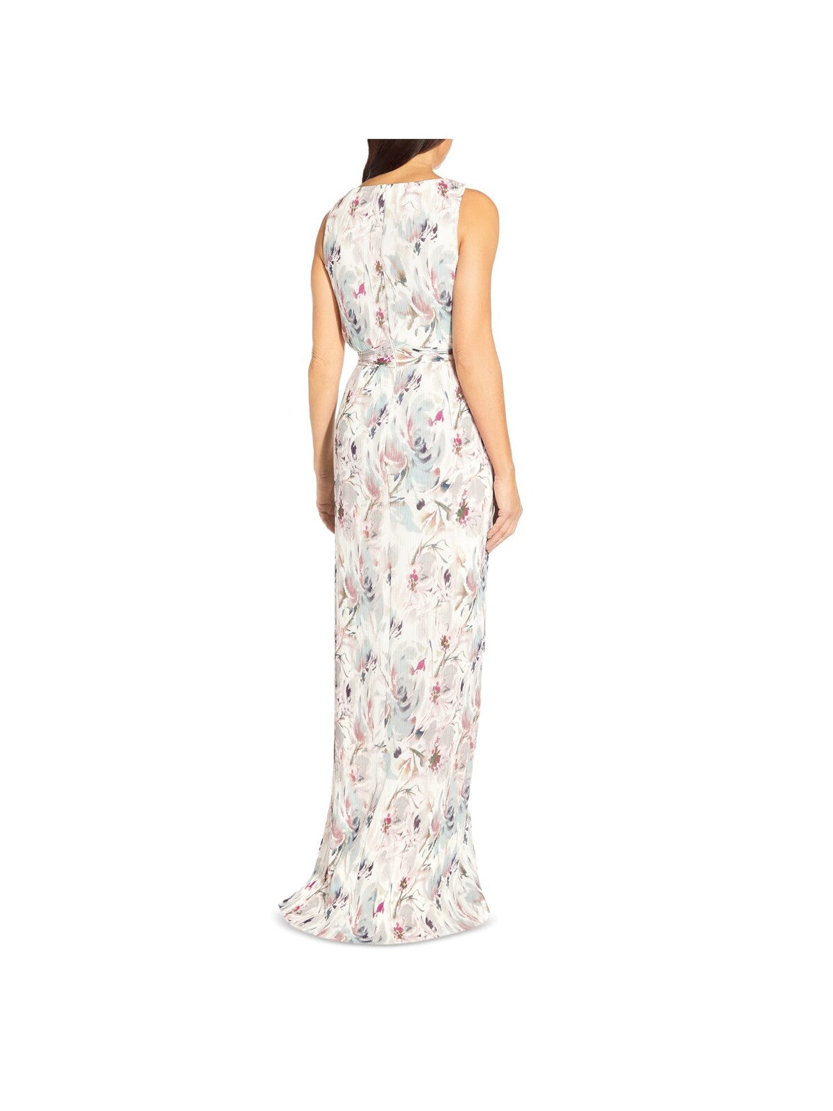 AIDAN MATTOX Womens Ivory Textured Zippered Tie Waist Column Lined Floral Sleeveless Jewel Neck Full-Length Party Gown Dress 2