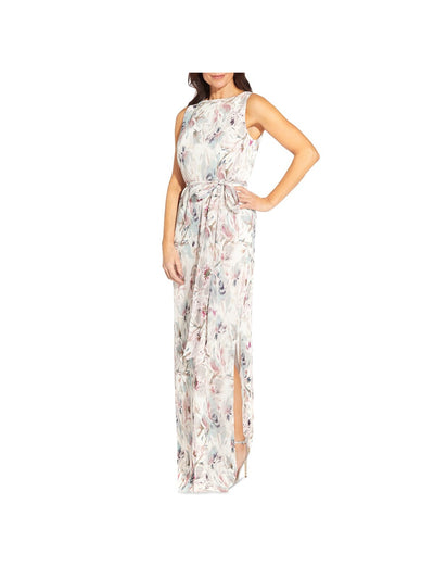AIDAN MATTOX Womens Ivory Textured Zippered Tie Waist Column Lined Floral Sleeveless Jewel Neck Full-Length Party Gown Dress 2
