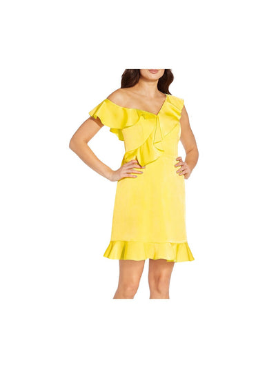 AIDAN AIDAN MATTOX Womens Yellow Ruffled Zippered Lined Flutter Sleeve Asymmetrical Neckline Above The Knee Party A-Line Dress 0