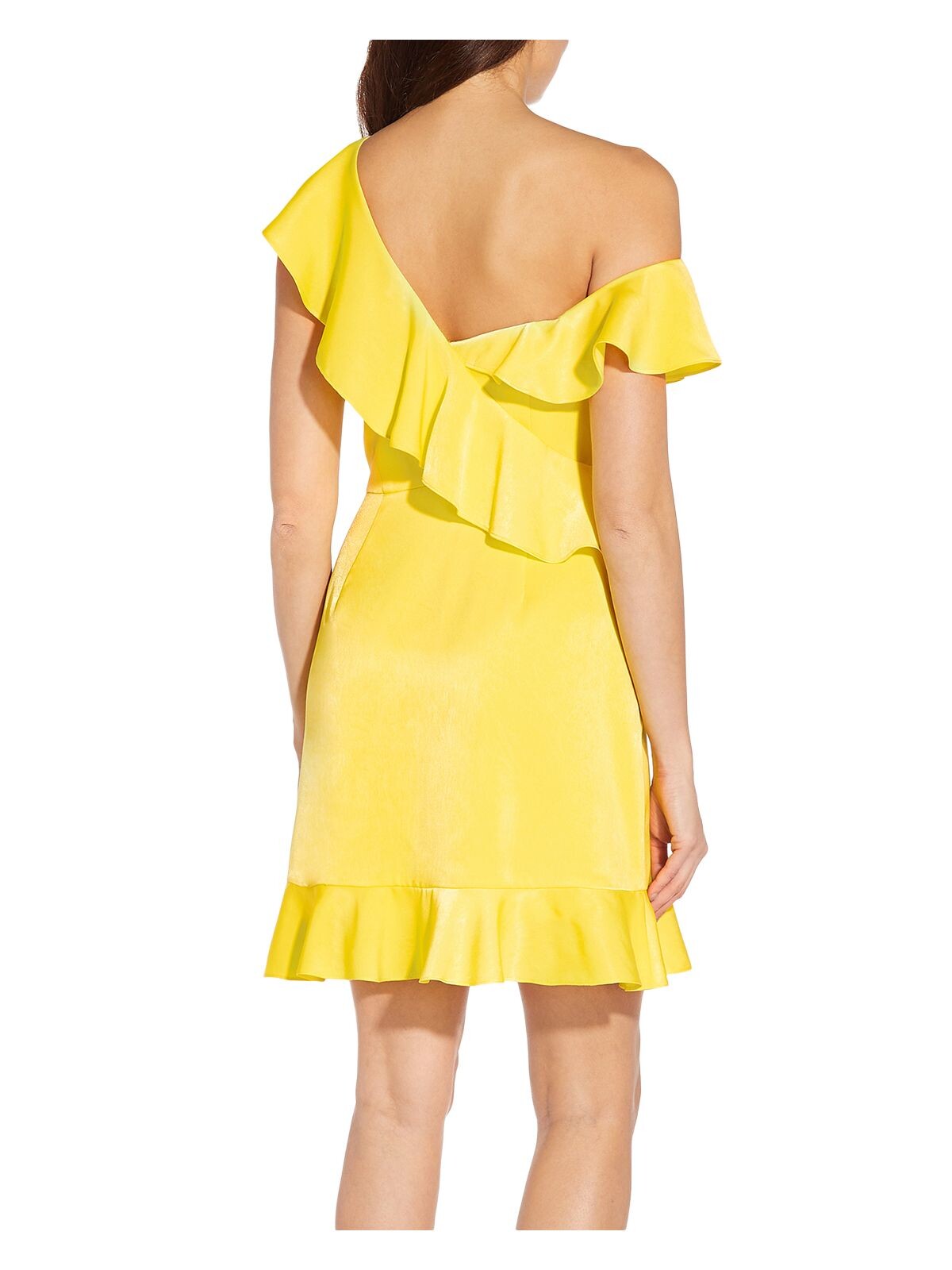 AIDAN AIDAN MATTOX Womens Yellow Ruffled Zippered Lined Flutter Sleeve Asymmetrical Neckline Above The Knee Party A-Line Dress 0