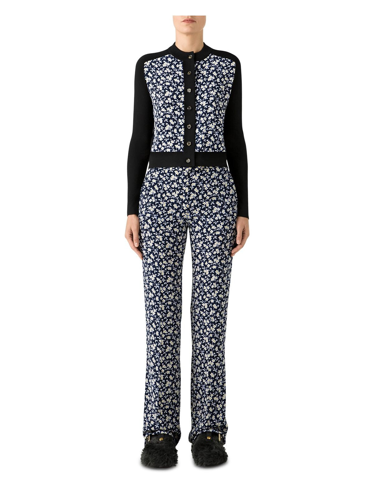 ST JOHN Womens Black Ribbed Floral Long Sleeve Crew Neck Button Up Cardigan XS
