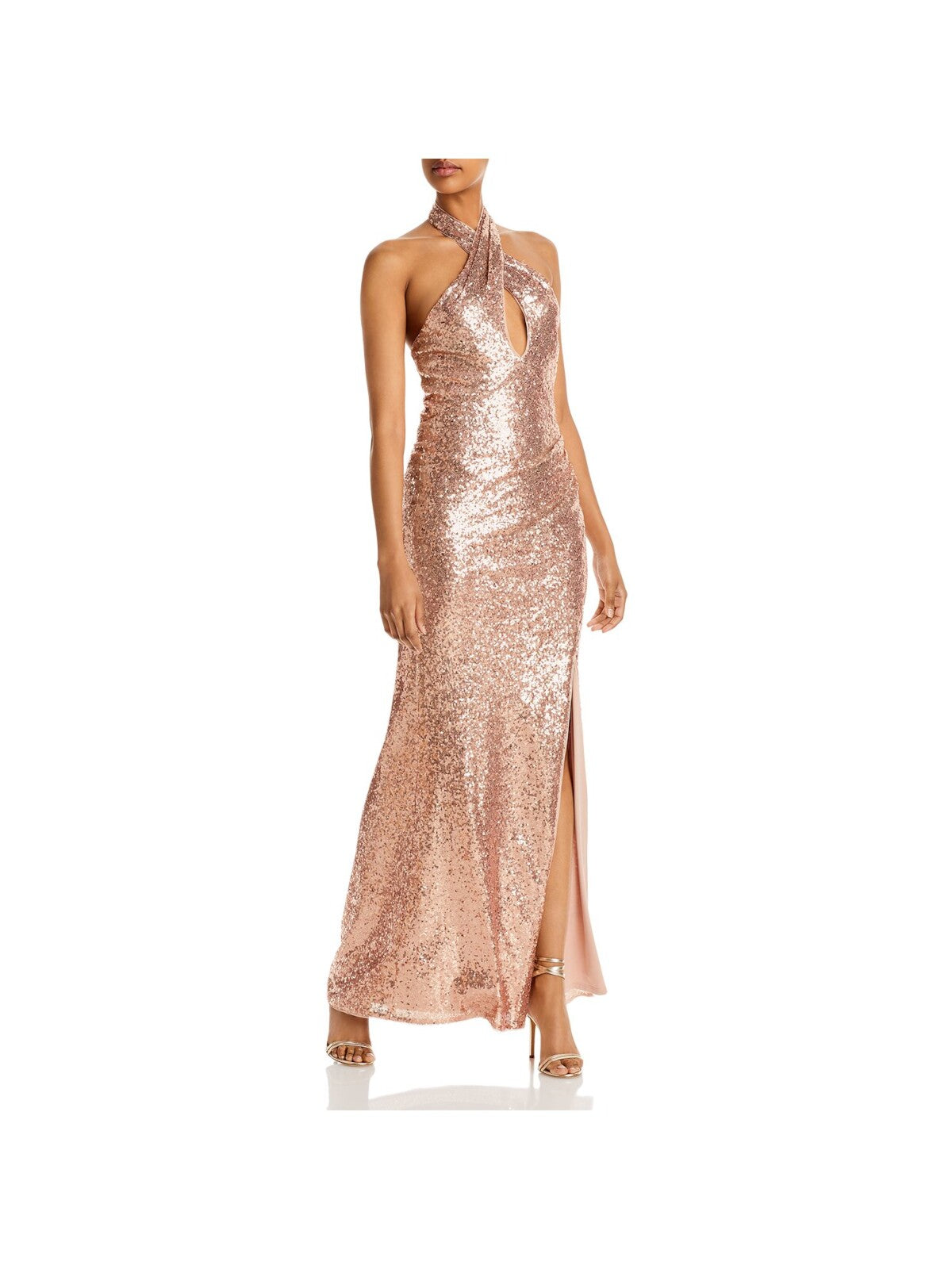 AQUA FORMAL Womens Pink Sequined Slitted Lined Sleeveless Halter Full-Length Formal Sheath Dress S