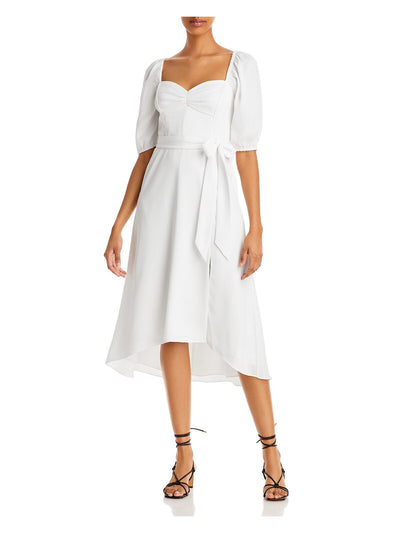 AQUA FORMAL Womens White Zippered Slitted Boning Ruched Lined Tie Waist Elbow Sleeve Sweetheart Neckline Midi Party Hi-Lo Dress 4
